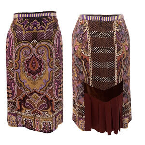 Etro Skirt Womens 42 Brown Purple Paisley Wool Silk Maxi Velvet Trim Italy